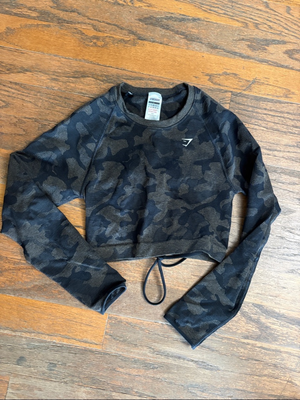 Gymshark Black and Charcoal Camo Cropped Long Sleeve Top